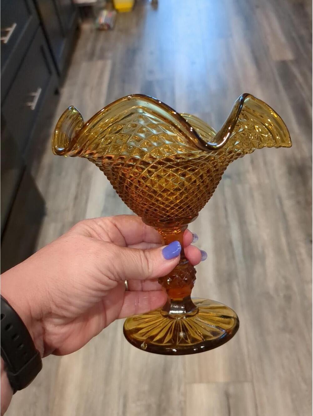 Indiana Glass Fluted Compote Diamond Point Candy Dish Amber Pedestal Ball Stem